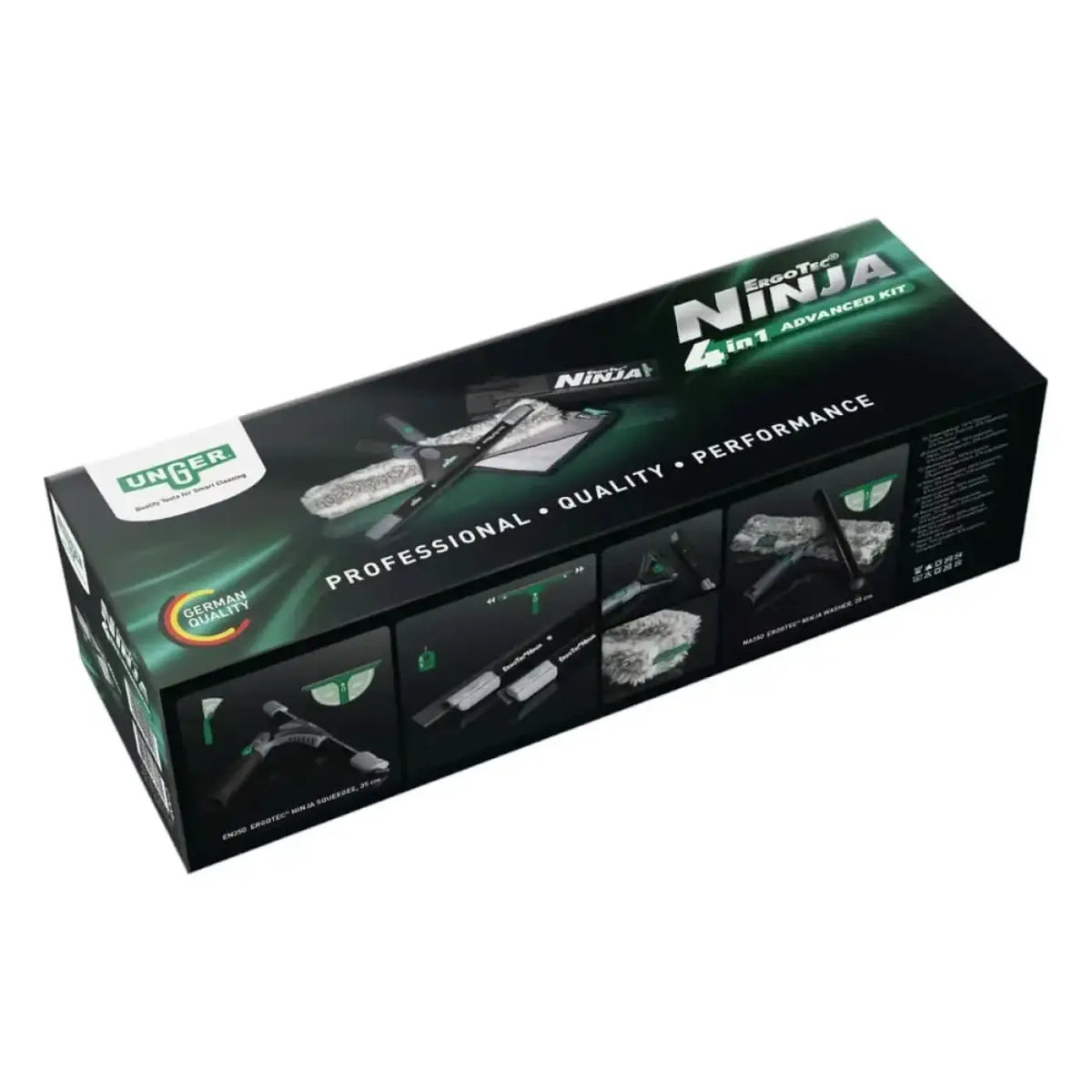 Schwarze und grüne box des unger ergotec ninja 4in1 fensterputzsets mit advanced kit