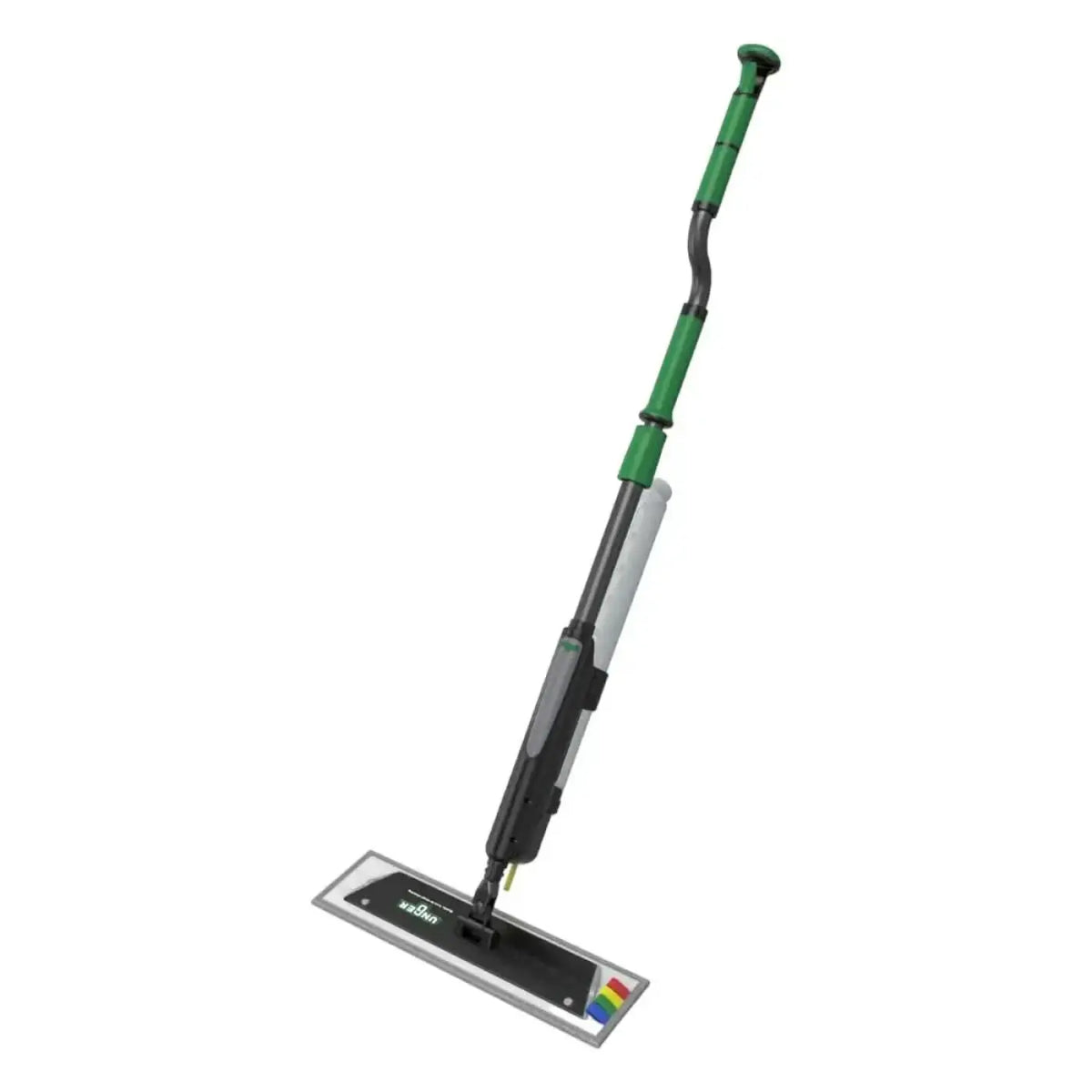 Grüner und schwarzer verstellbarer ung erGO clean klettmopp mit rechteckiger silberner basis und ergonomischem griff