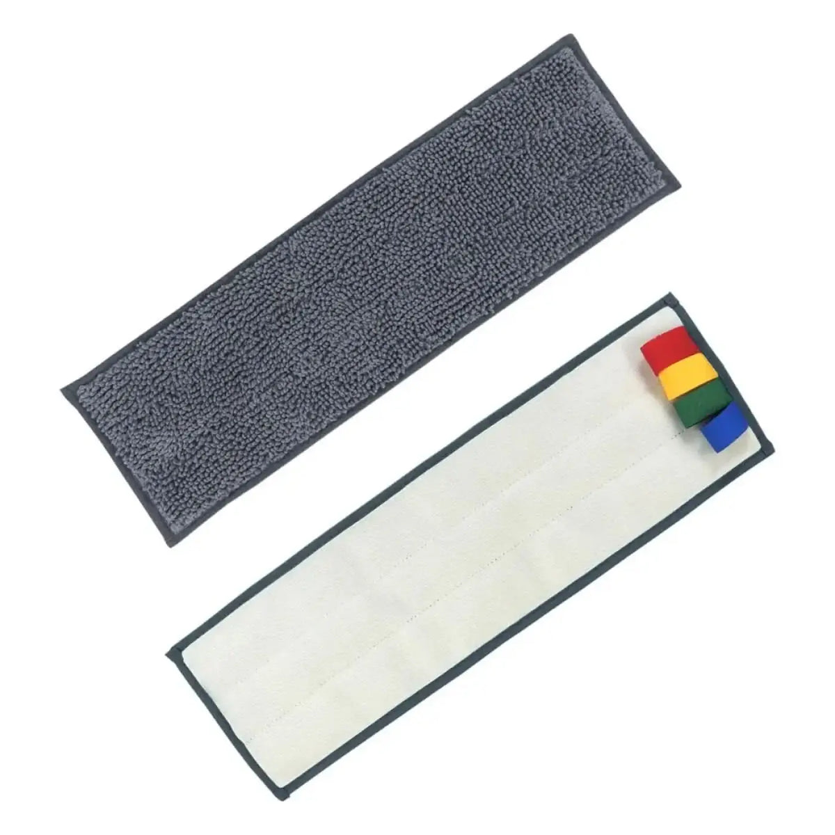 Grauer mikrofasermopp mit schwarzem rand und weißem saugstreifen mit bunten elastikbändern ung ergo klettmopp 40cm