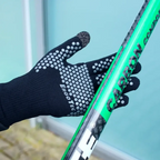 Schwarzer ergonomischer touchscreen-handschuh mit weißen hexagonalen griffpunkten und ergotec branding, rückseite sichtbar