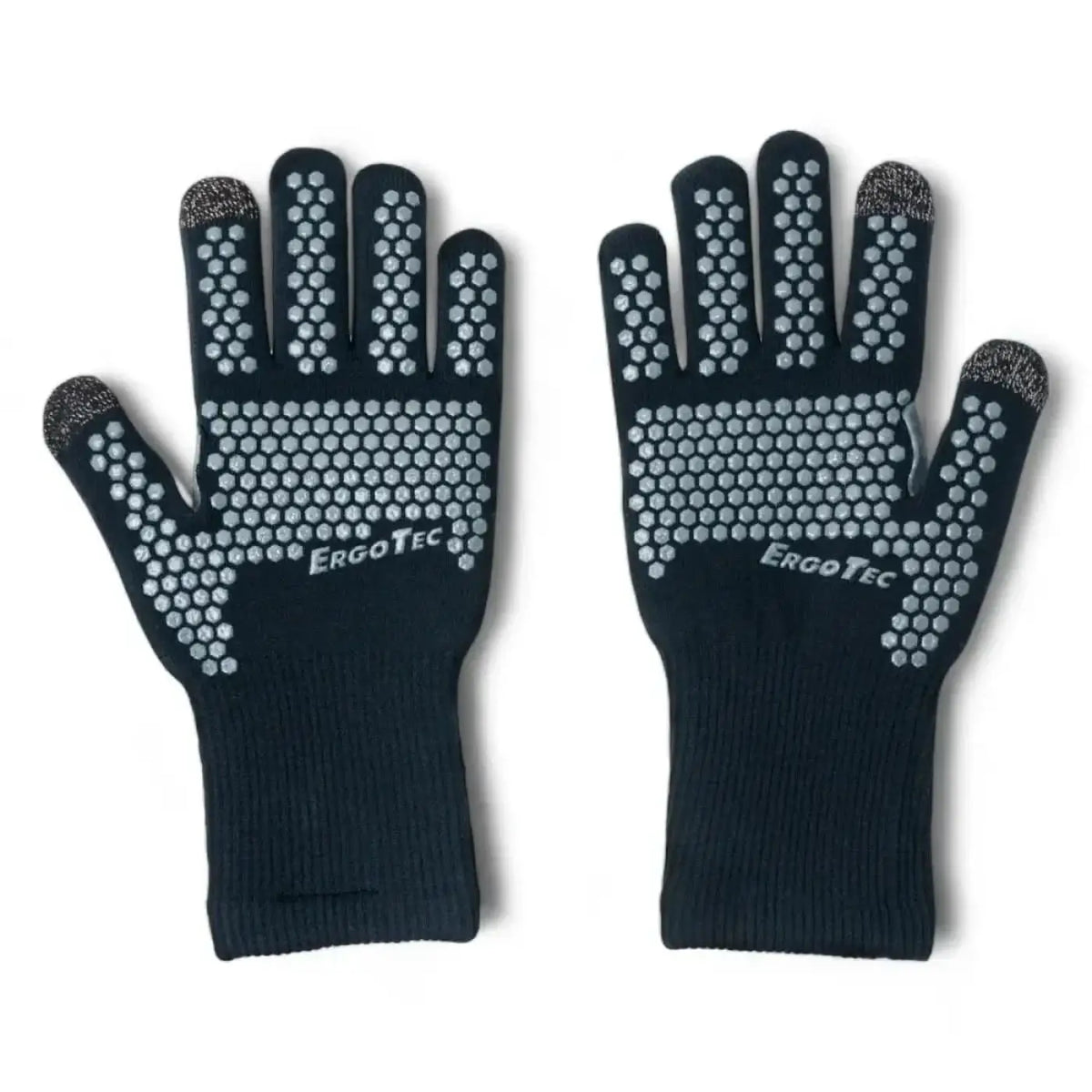 Schwarze ergotec touchscreen handschuhe von unger mit silbernen sechseckigen griffpunkten auf handfläche und fingerspitzen