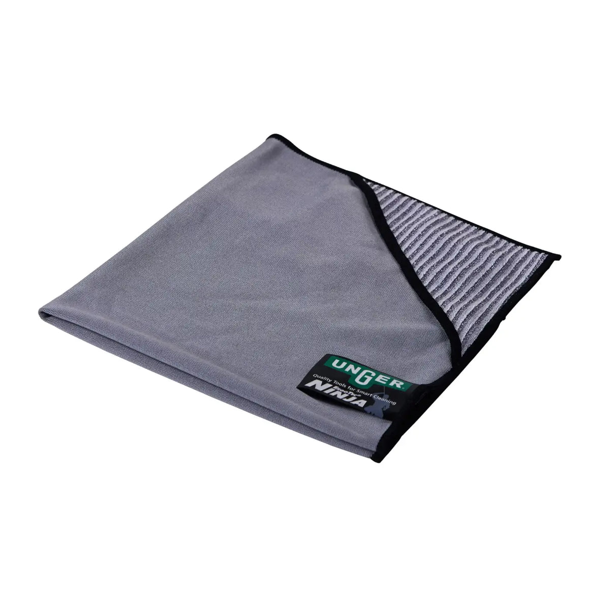 Graues mikrofasertuch mit schwarzem rand und gestreiftem eckmuster mit unger ninja etikett aus ergotec ninja 6in1 kit