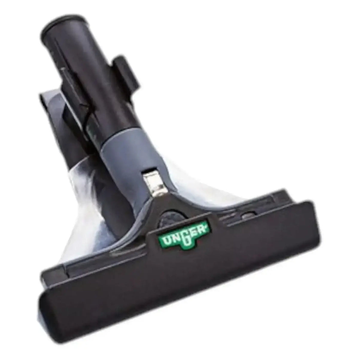 Schwarzer unger ergoTec ninja fensterwischer mit transparentem gummiblatt und grauem griff im holster