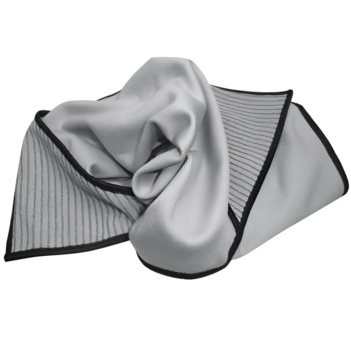Silbernes microfiber reinigungstuch mit schwarzen kanten und streifenstruktur unger ergotec ninjawipe grau