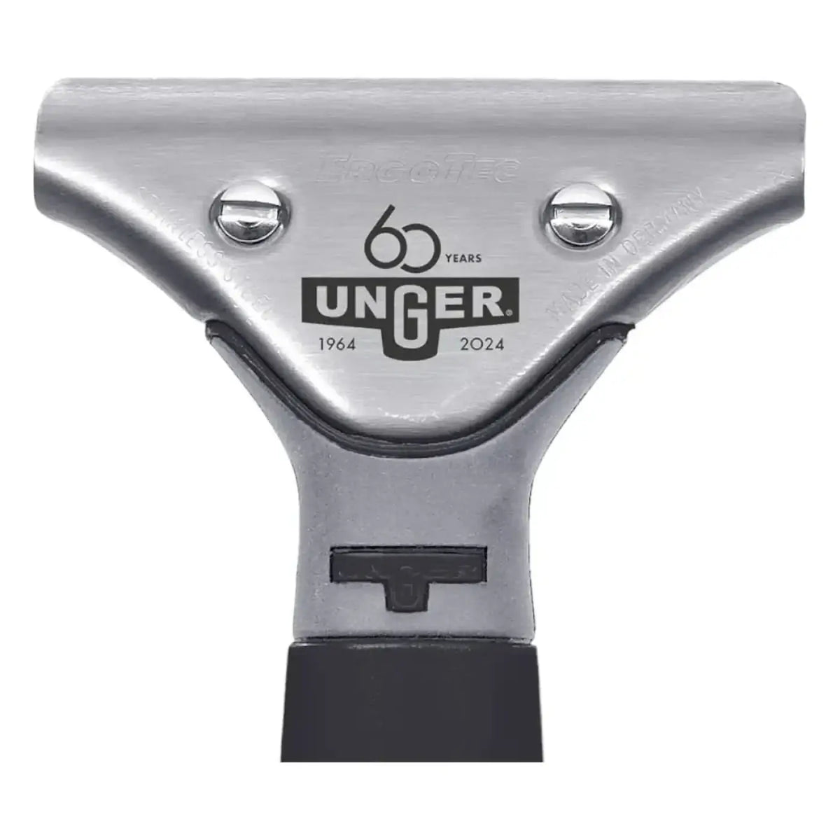 Silberner unger squeegee kopf zum 60 jahre jubiläum mit schwarzer gummikante und basis im unger glasreiniger set ak60y