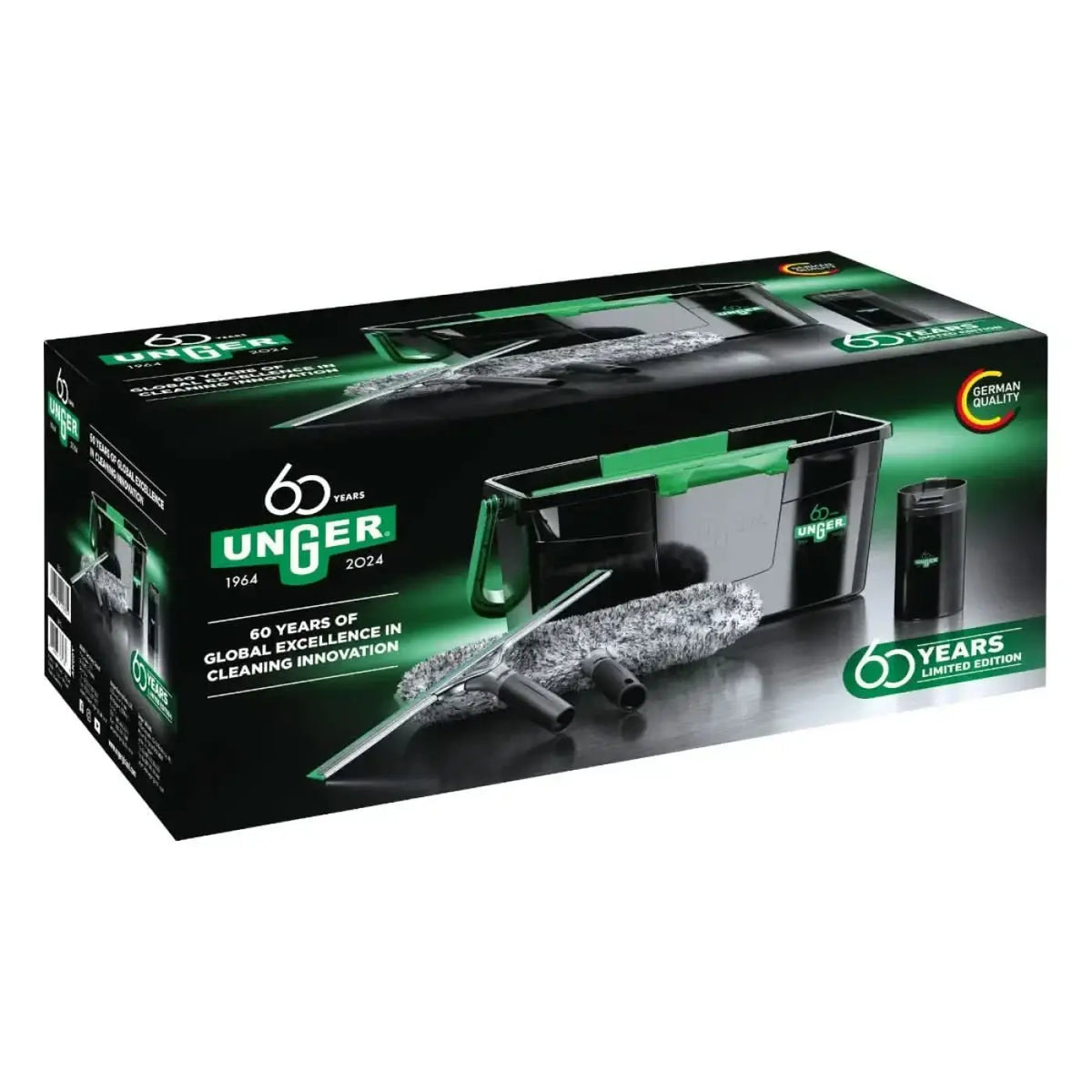 Unger glasreiniger-set 60 jahre limited edition grün und schwarz im einzelhandelspaket für fensterreinigung