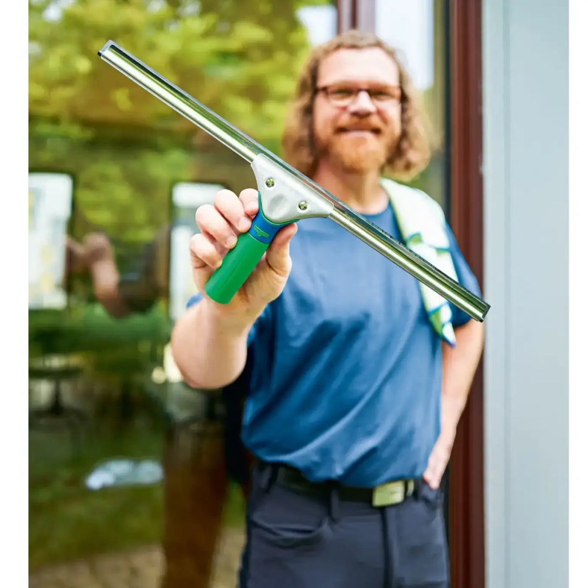 Unger greenlabel fensterreinigungs-set gtk35 mit grünem griff, metallrahmen und blauem akzent squeegee