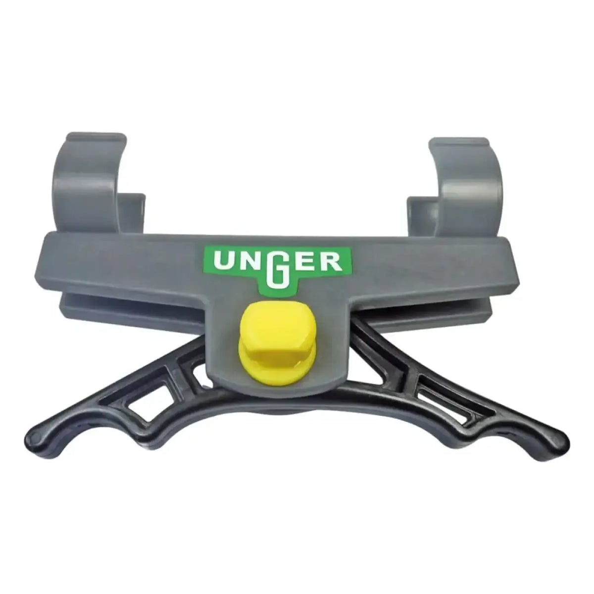 Grauer kunststoffclip von unger mit gelbem knopf und grünem logo für den unger hiflo control wasserflussregler tmoov
