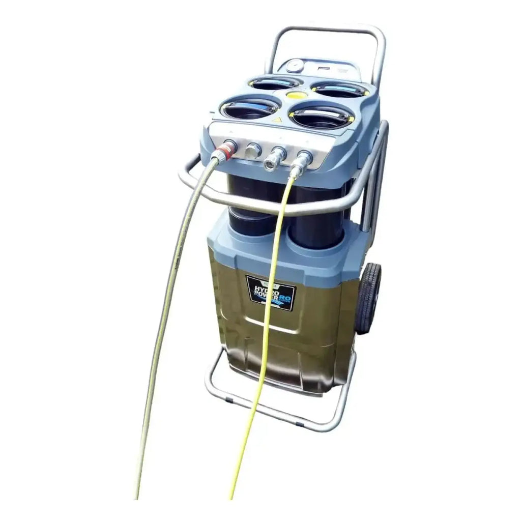 Blau-olivgrüne ungur hydropower ro m filter ro35c reinigungsmaschine mit metallgriff, rädern und schlauchanschlüssen sichtbar von hinten
