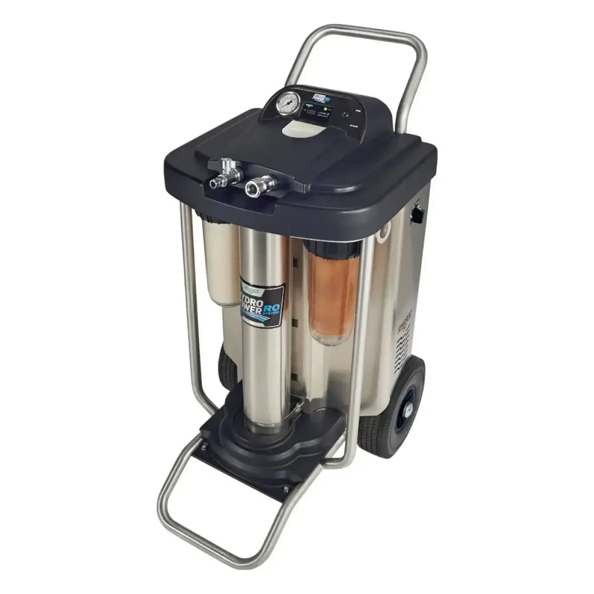 Industrieller ungler hydropower ro s filter ro20c wasserfiltrationswagen aus edelstahl mit zwei zylindrischen filtertanks, einer mit bernsteinfarbener flüssigkeit