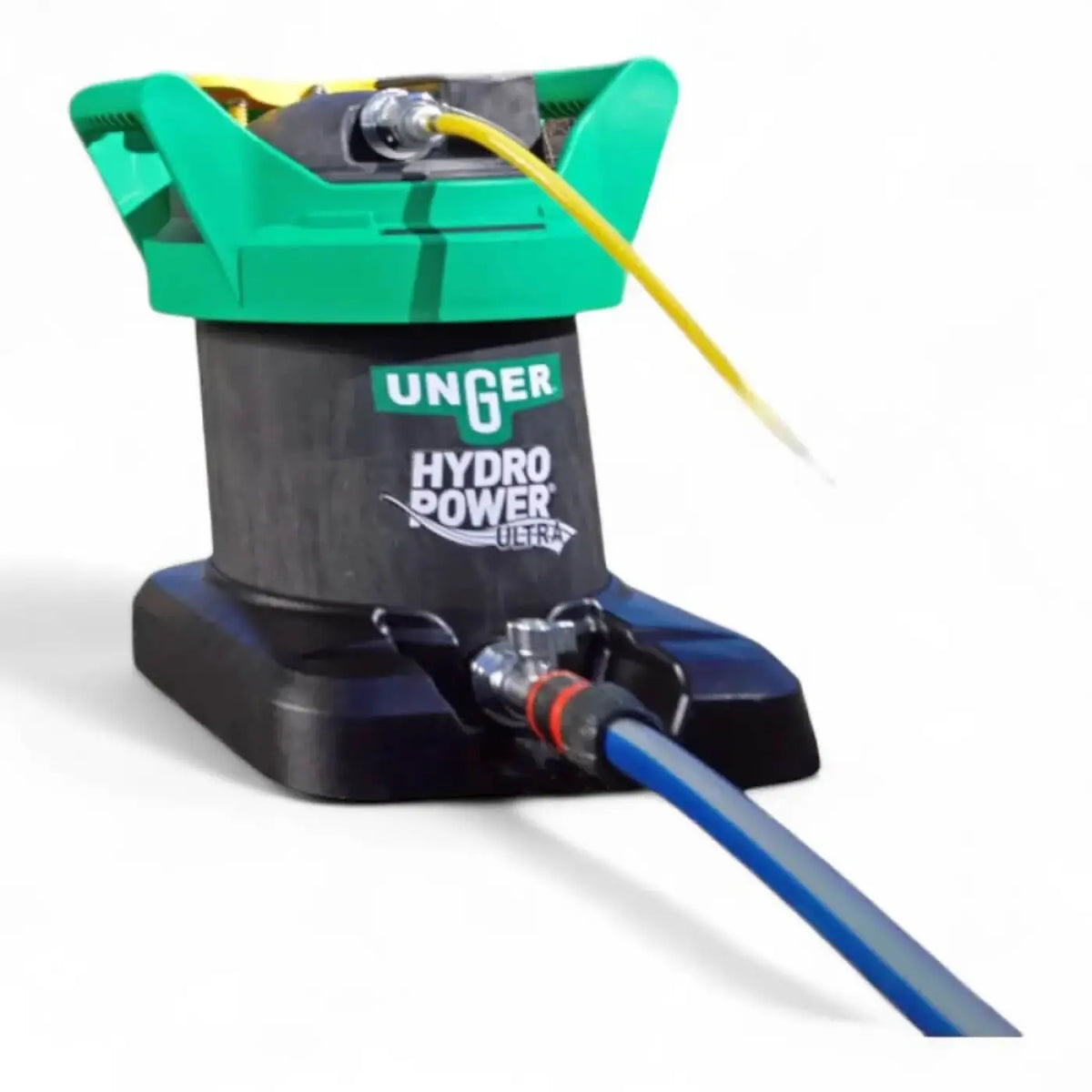 Grün schwarzer unger hydropower ultra wasserpumpe mit gelbem schlauch oben und blauem schlauch unten im produkt diuh filter