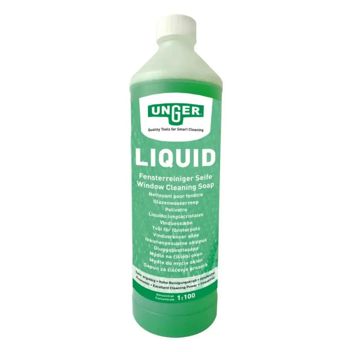Unger liquid fensterreinigungsseife in grünem durchsichtigem kunststoffflasche mit weißem deckel