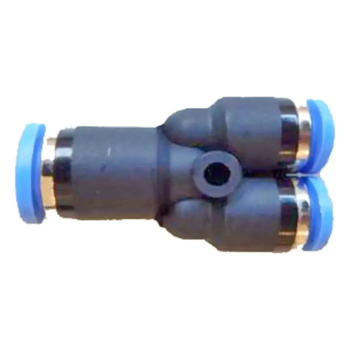 Grauer kunststoff pneumatischer teestück mit blauen gummikappen und messingfarbenen verbindungen für unger nlite bürstenanschluss 8>6 mm