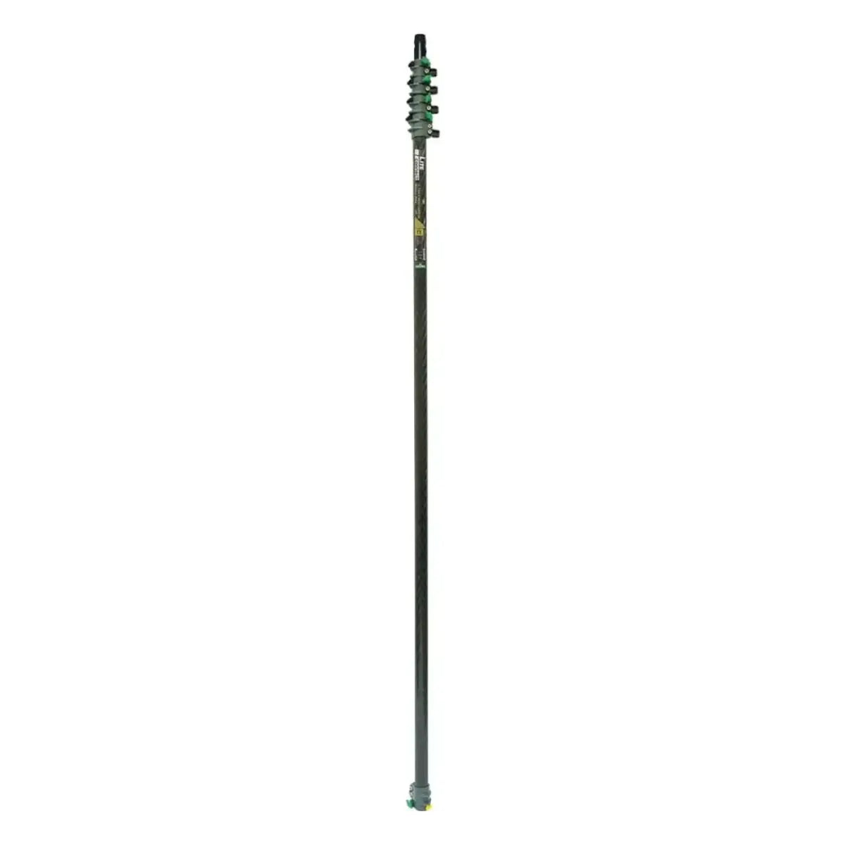 Black carbon fiber telescopic pole with green locking joints and yellow label for higher reach cleaning tools