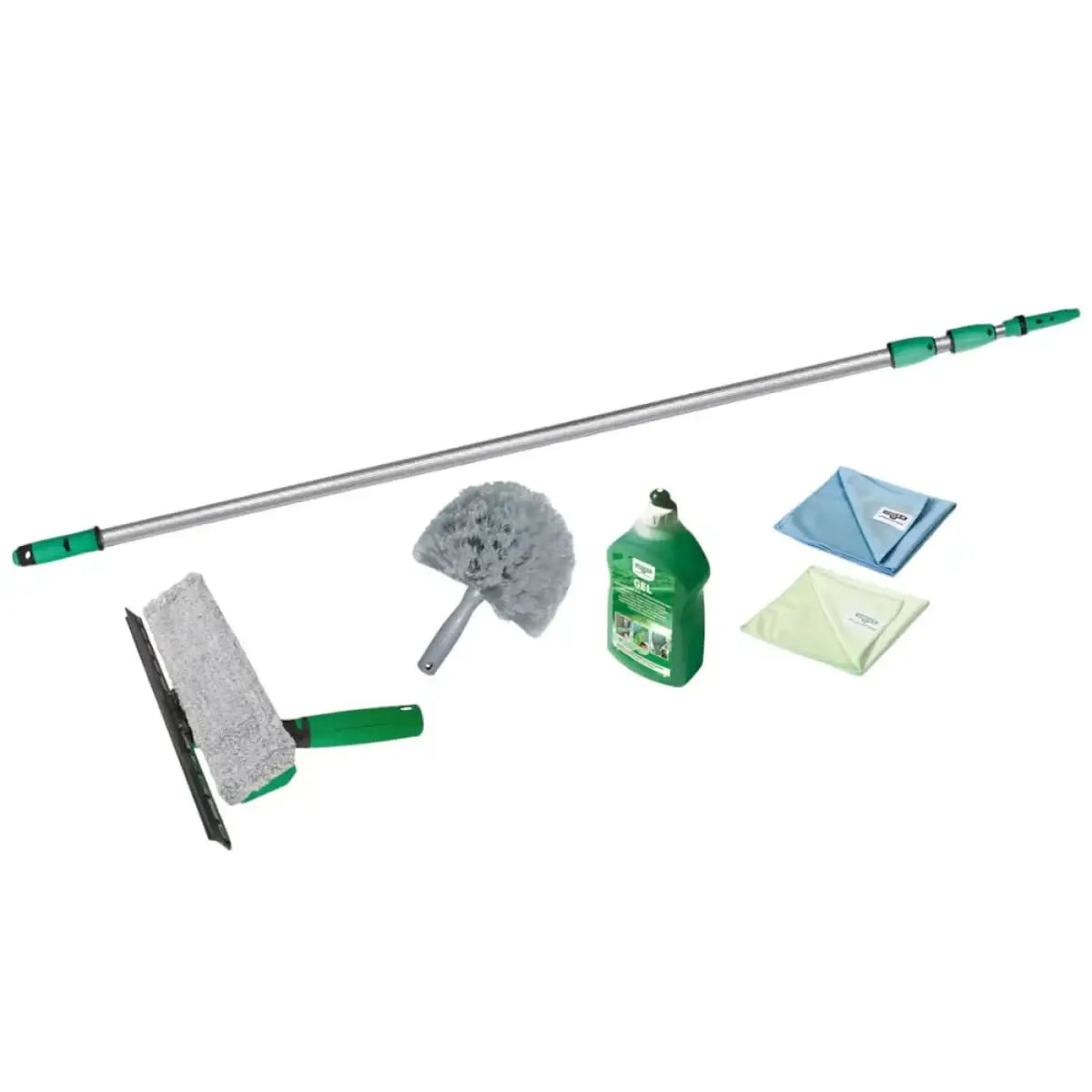 Grüner und silberner teleskop- fensterreinigungspol mit verstellbaren sektionen für unger wintergarten reinigungsset ak130