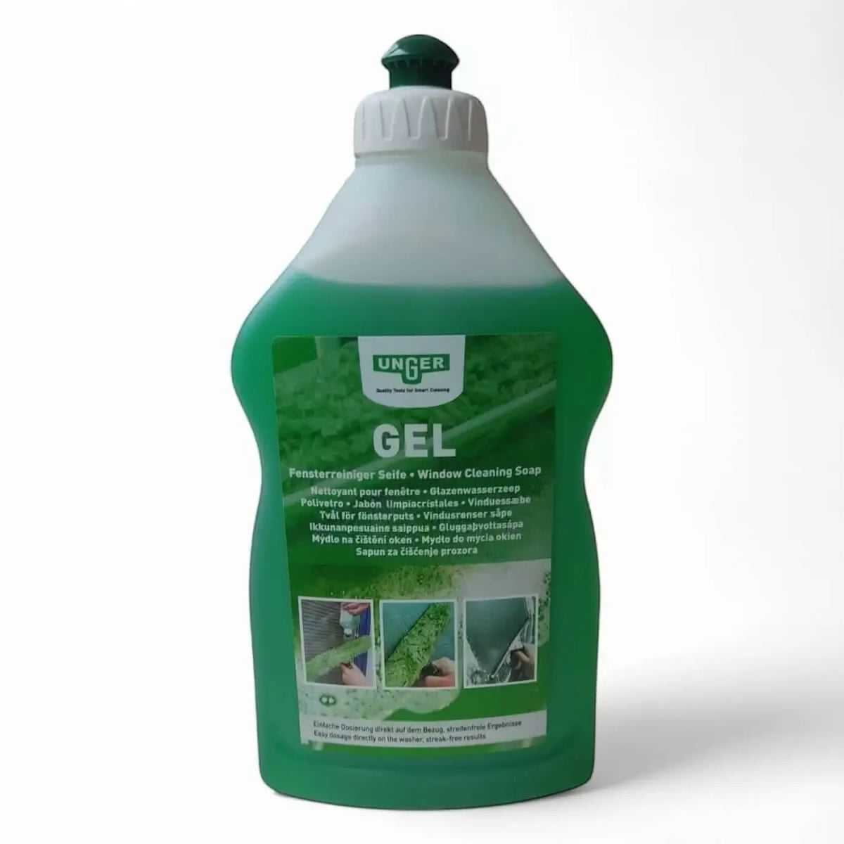 Unger gel fensterreinigungsseife 500ml fg050 in grünem gel in durchsichtiger flasche mit weiß-grünem deckel