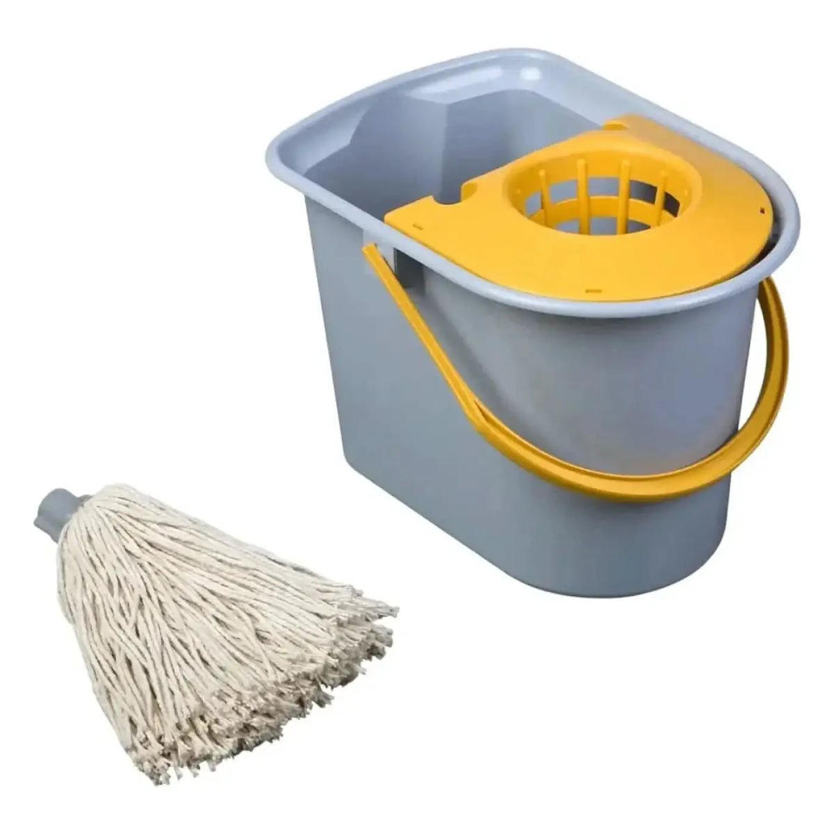 Grau gelber plastikmoppeimer mit integrierter presse und griff mit offweißem faserwischkopf vermop mini aquva nasswisch set ohne stiel