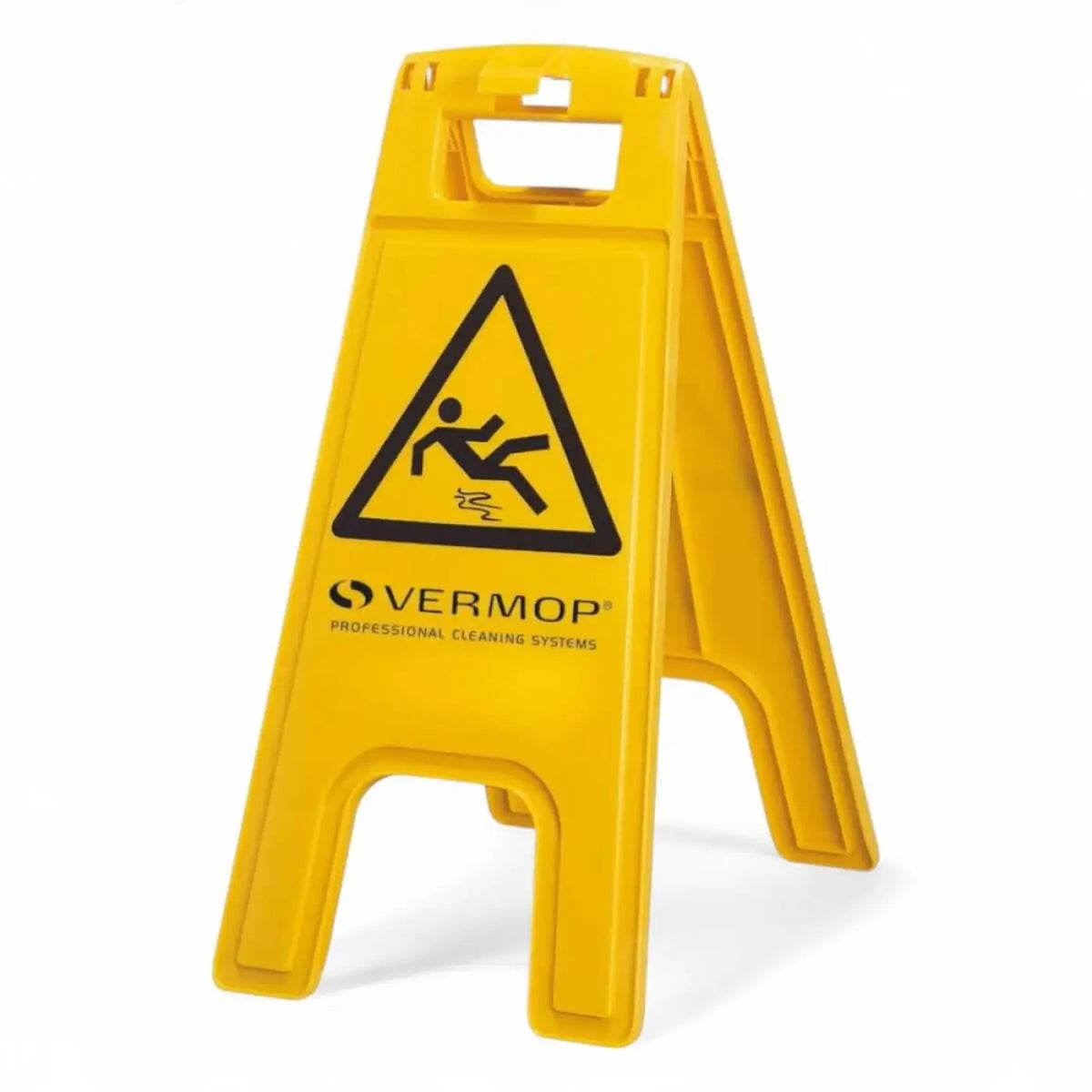 Gelbes kunststoff a-rahmen warnschild mit schwarzem warnsymbol und vermop professional cleaning systems branding