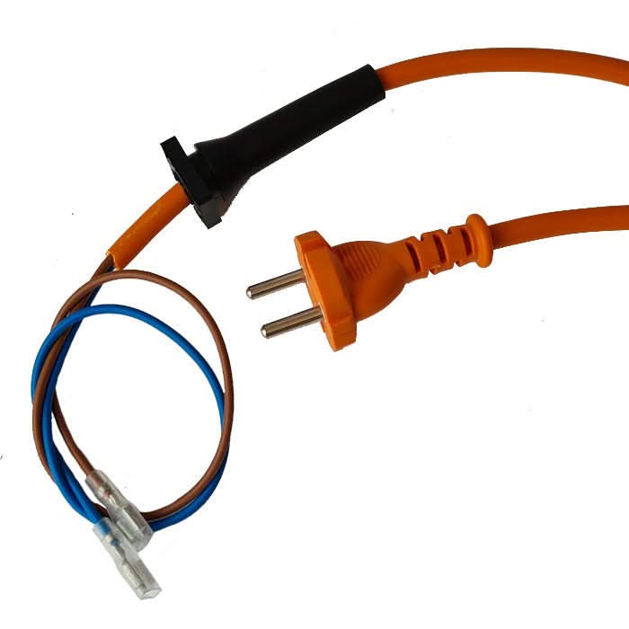 Orange viper netzkabel mit schwarzem griff und zweiadrigem stecker mit blauen und braunen kabeln in klaren verbindern