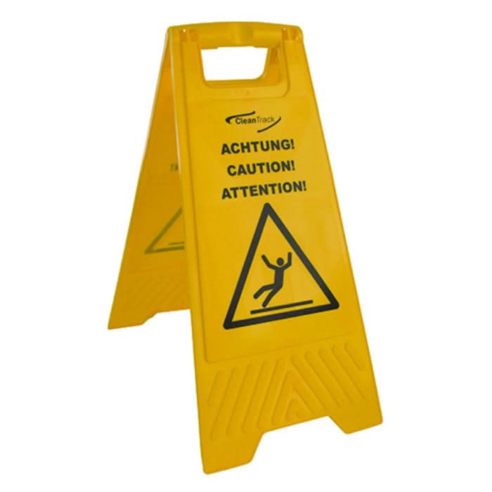 Gelbes plastikschild a-frame warnschild achtung rutschgefahr mit schwarzem text und rutschgefahr-symbol in mehreren sprachen