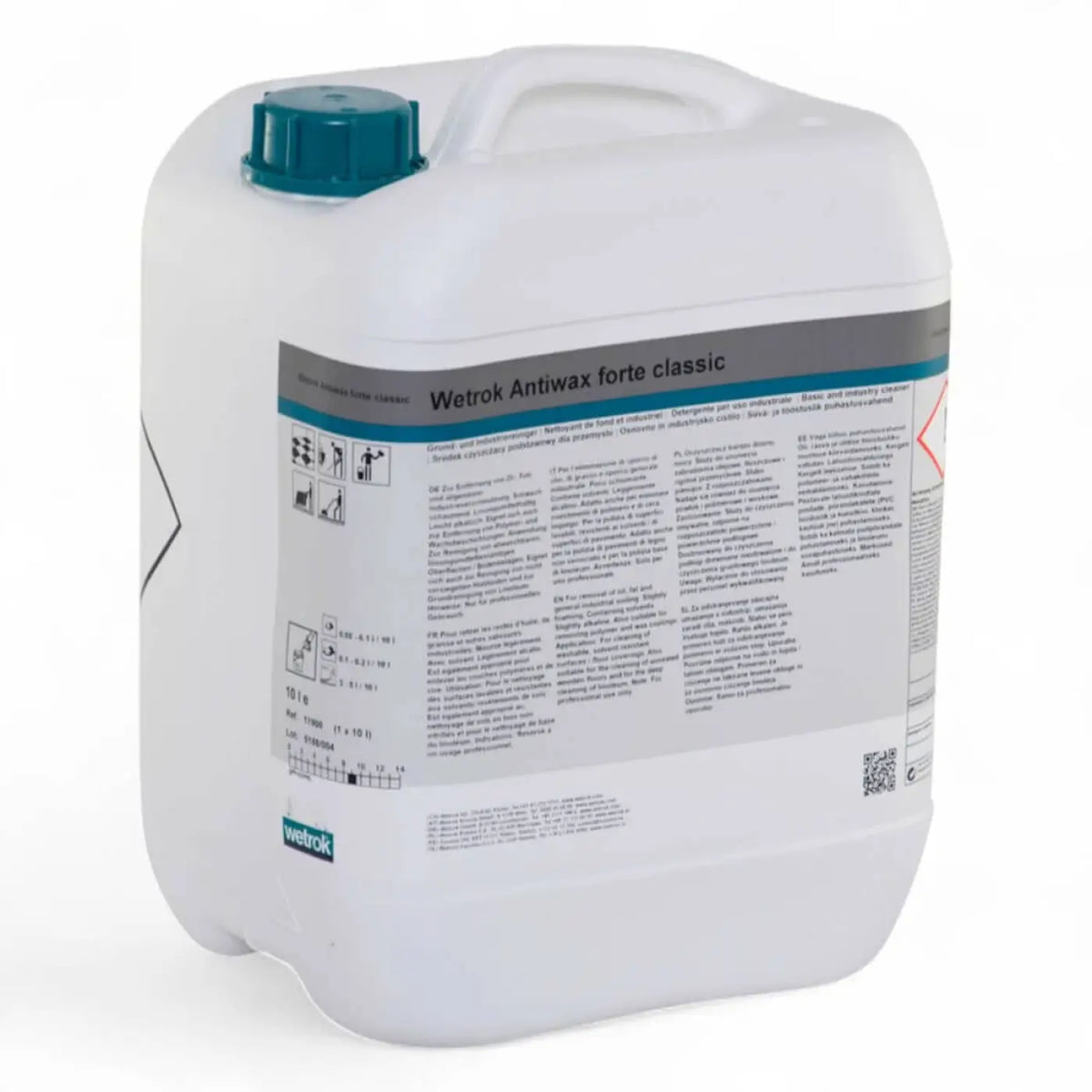 Weißer kunststoffbehälter mit grünem deckel enthält wetrok antiwax forte classic 10 liter zur wachsentfernung