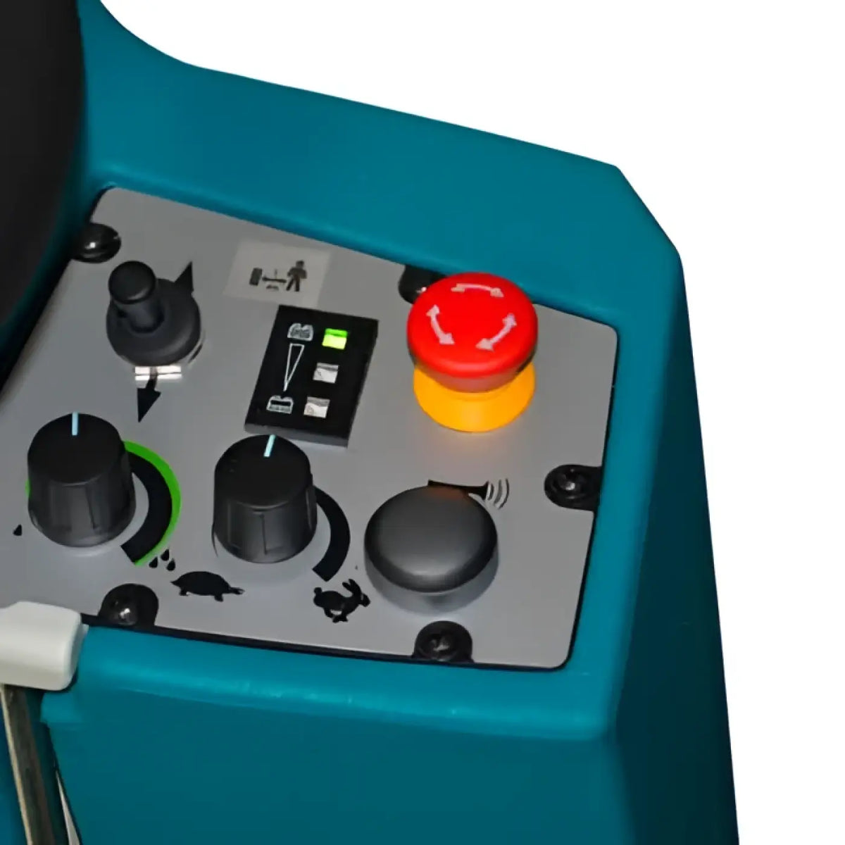 Tealfarbige industrielle bedienkonsole der wetrok drivematic delarge dosierscheuersaugmaschine mit rotem notausknopf und grünen anzeigeleuchten