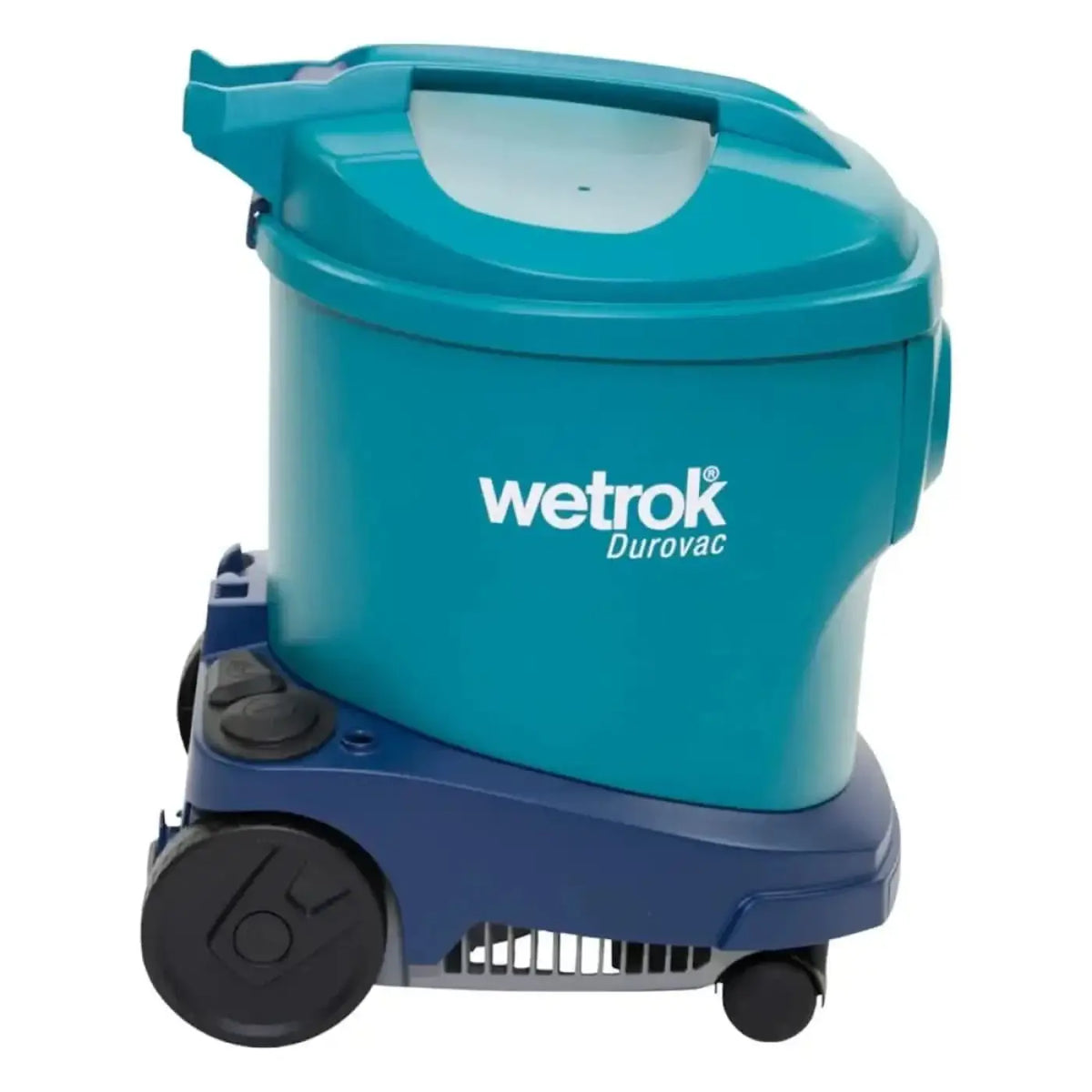 Wetrok durovac 11 staubsauger nasssauger in taubenblau mit griff oben und schwarzen rädern sichtbar von hinten