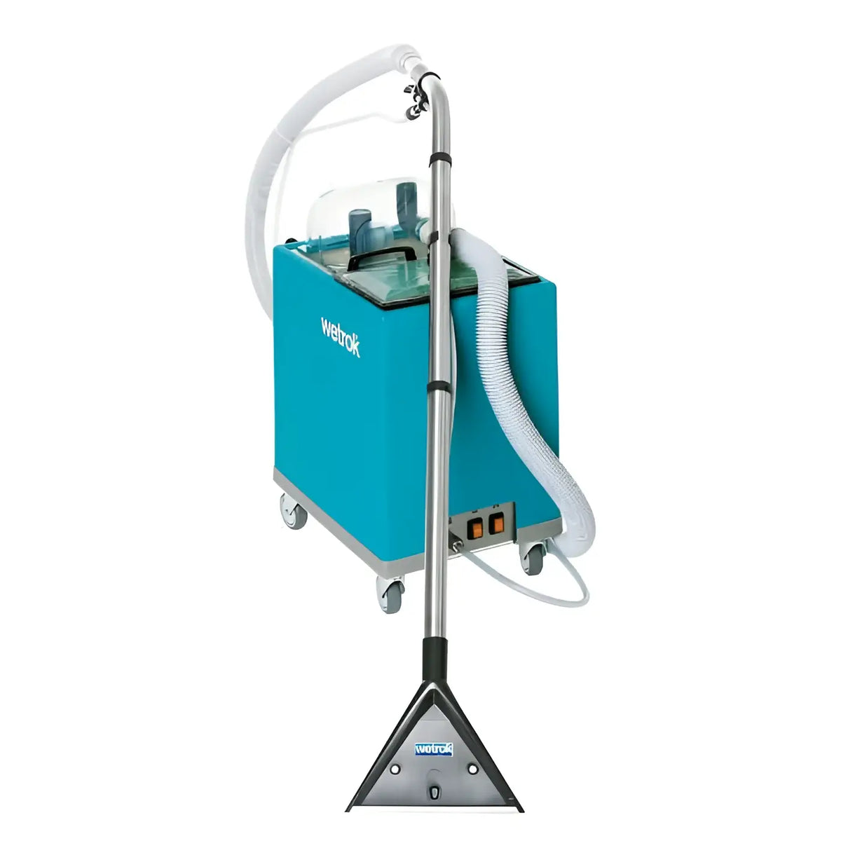 Tealfarbene wetrok extravac 280 sprühextraktionsmaschine mit silbernem metallrohr und schwarzem dreiecks-bodenzubehör