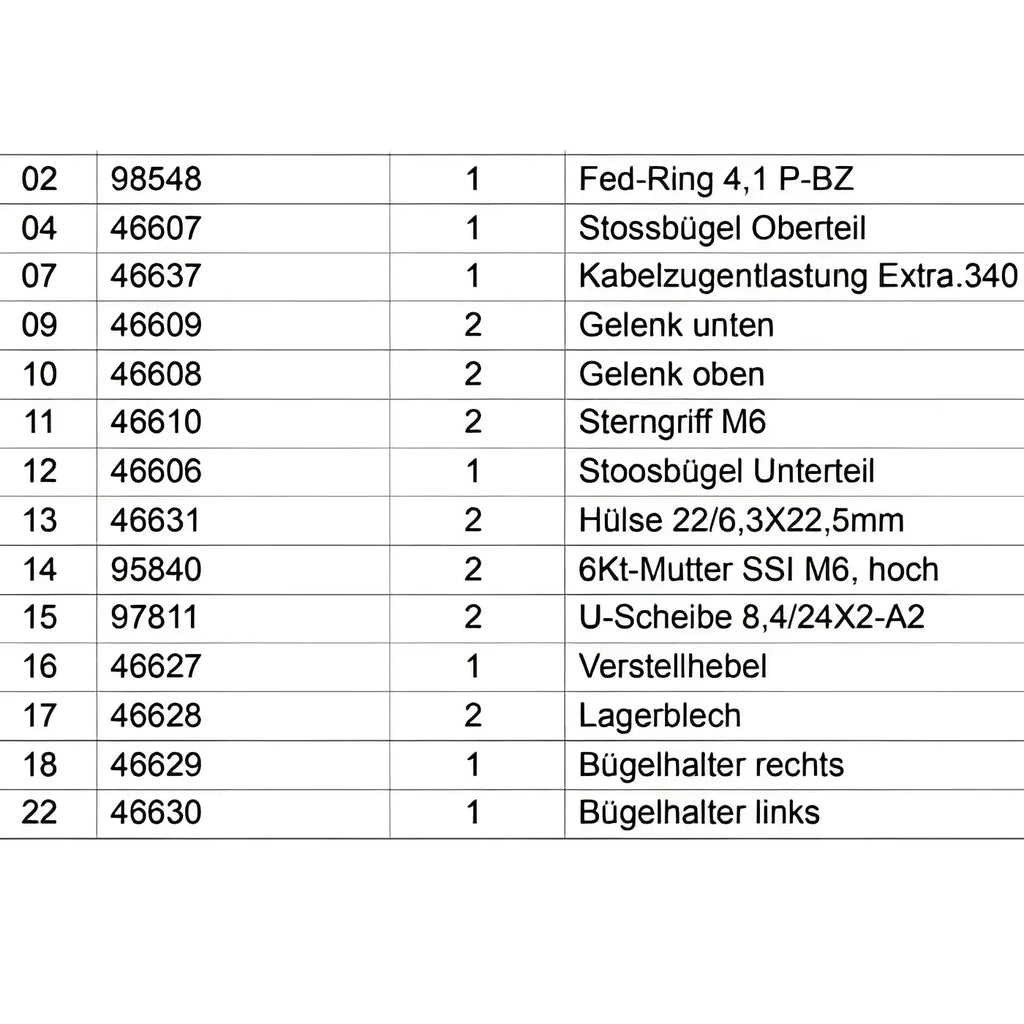 Technische teileliste für die mechanische baugruppe des wetrok Gelenk oben Extravac 340 reinigungsgeräts