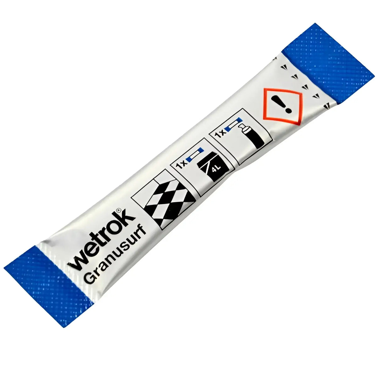 Wetrok granusurf oberflächenreiniger sticks klebestift weiß blau mit warnsymbol und kariertem muster auf der rückseite