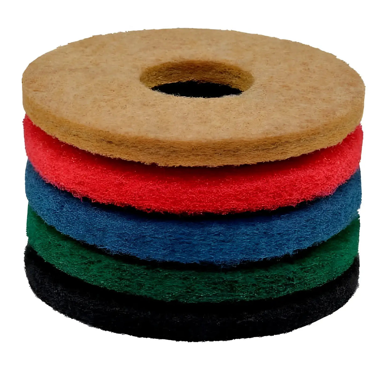 Stapel von fünf runden abrasiven scheuerpads in beige rot blau grün und schwarz wetrok poly-pad scheuerpad 17 zoll 43 cm