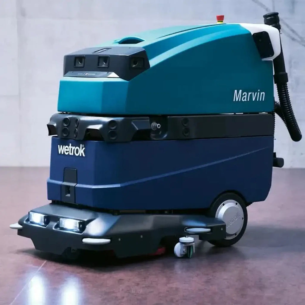 Teal und navyblauer wetrok robomatic marvin reinigungsroboter mit schwarzen akzenten für bodenreinigung