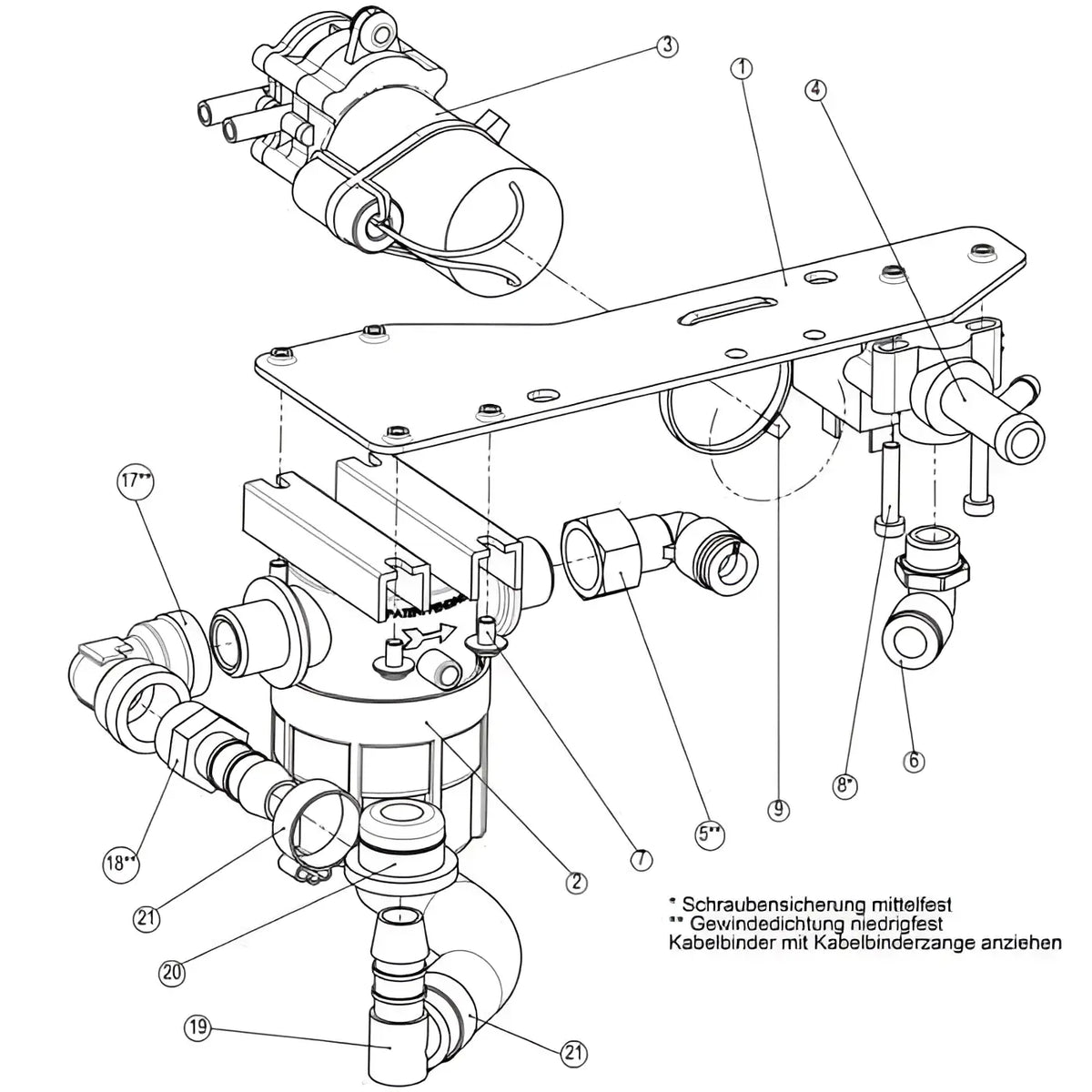 Technisches schema eines wasserfilters wetrok wasserfilter mit stopp für mambo 50025 mit beschrifteten komponenten