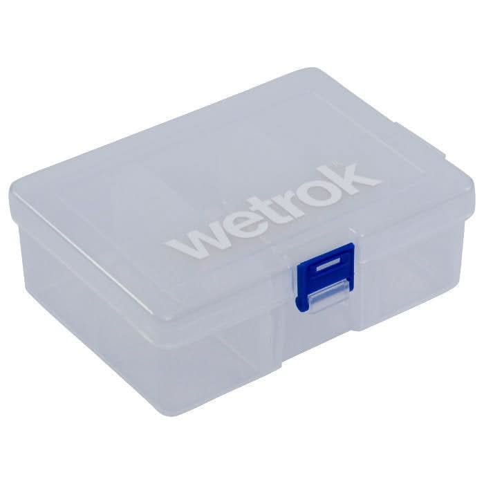 Klare kunststoff aufbewahrungsbox mit blauem verschluss und wetrok branding auf dem deckel granuline model