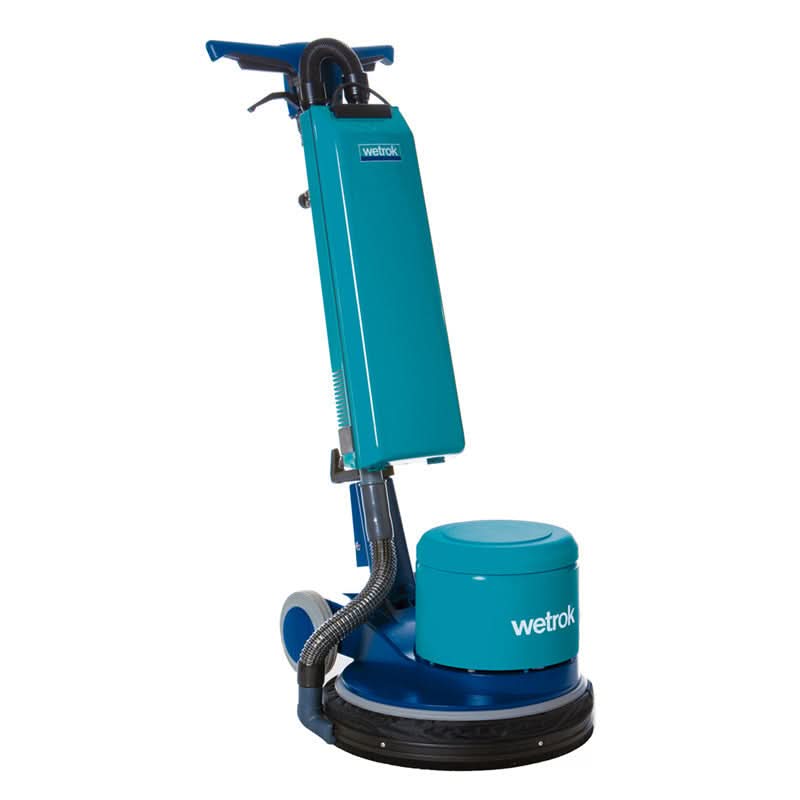 Wetrok monomatic high speed einscheibenmaschine 43cm mit blauem und türkisfarbenem korpus und schwarzer basis